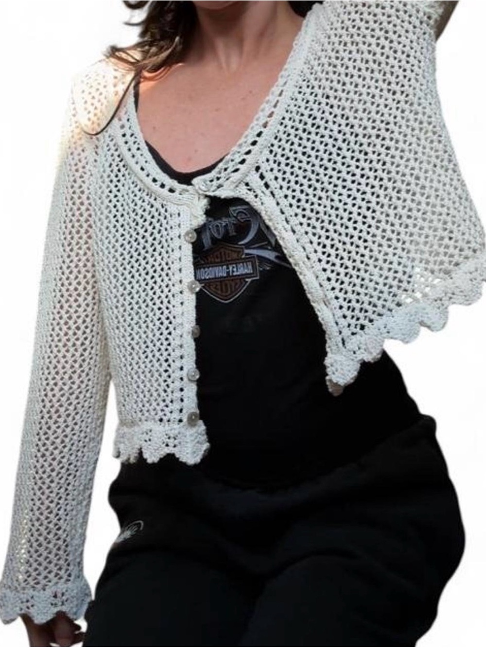 Zara White Crochet Knit Cropped Cardigan | Pearl Button Boho Y2K Sweater